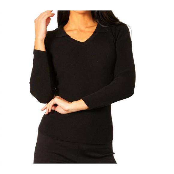 NEW ANGEL APPAREL collared v-neck top in black - Picture 1 of 1